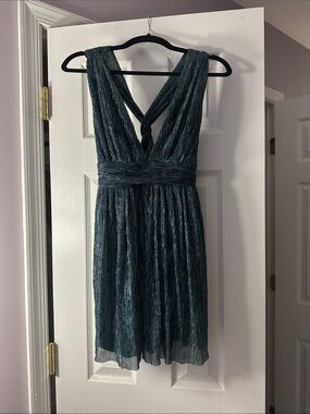 Lulu's Teal Silver/Gold Metallic V-Neck Mini Dress